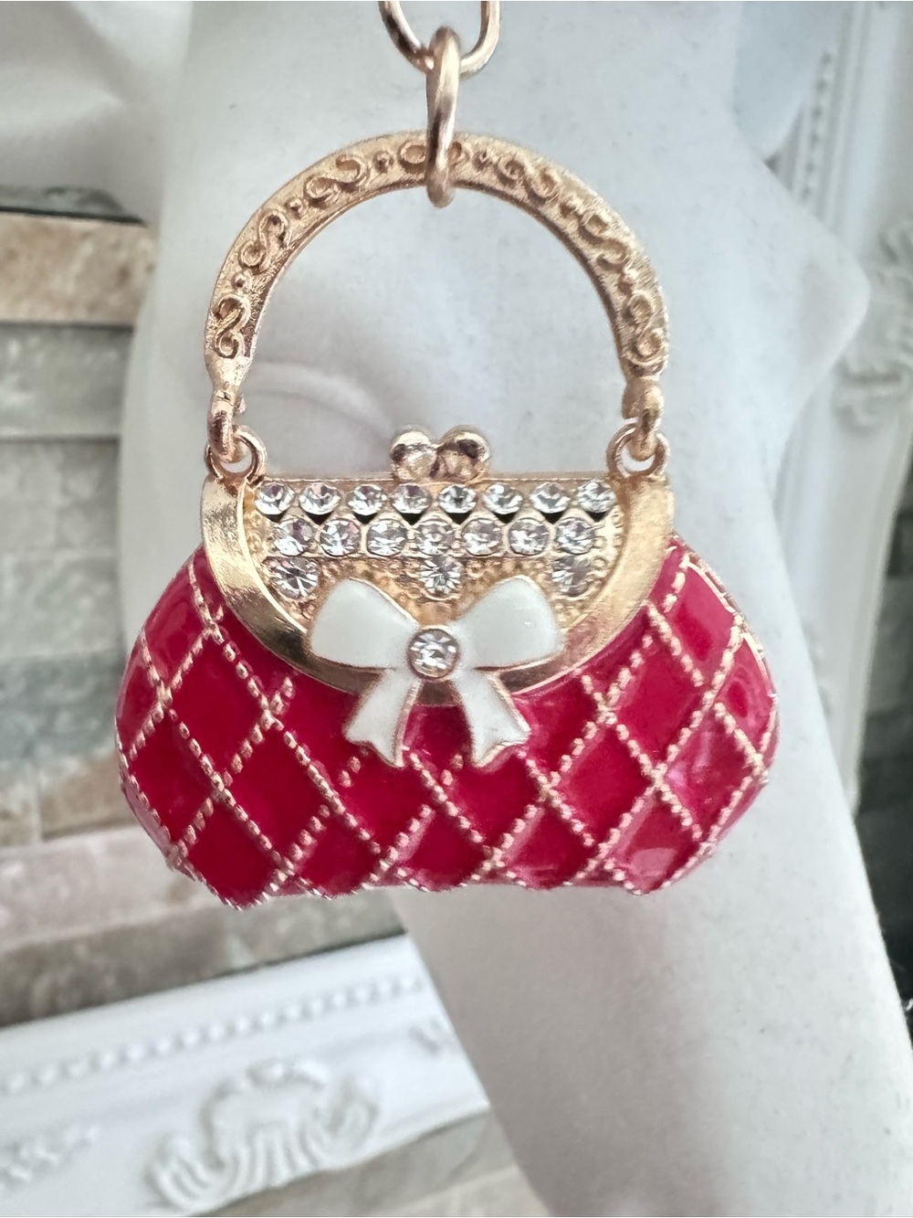 Bag Charm NWOT Gold-Accent Red Quilted Bow Pendant